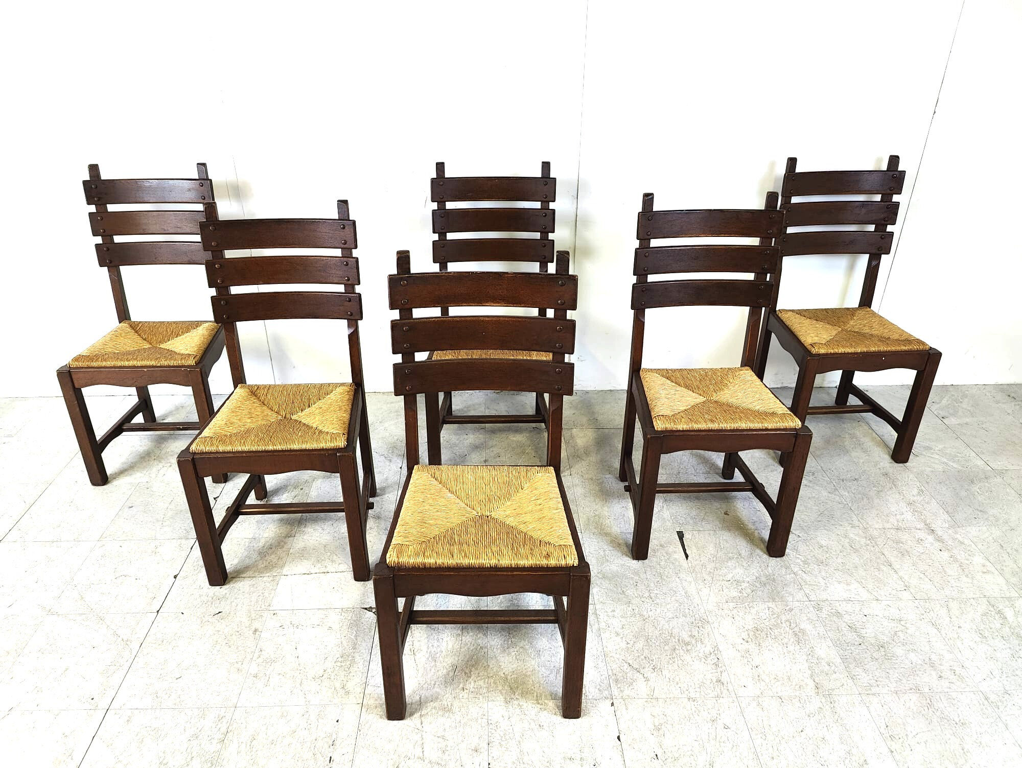 Vintage oak and wicker brutalist dining chairs, 1960s