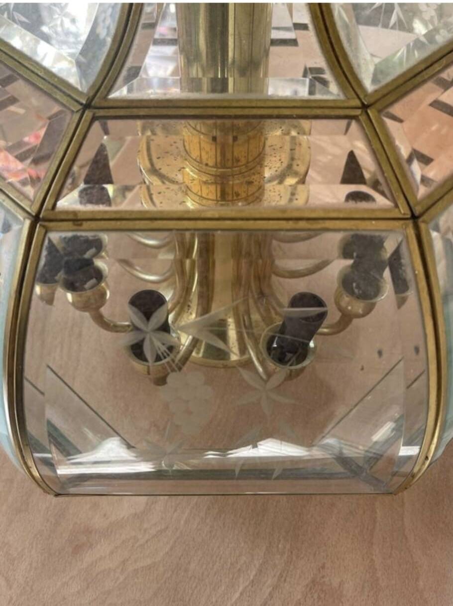 Eight-branch chandelier made of bevelled glass from the 1940s.