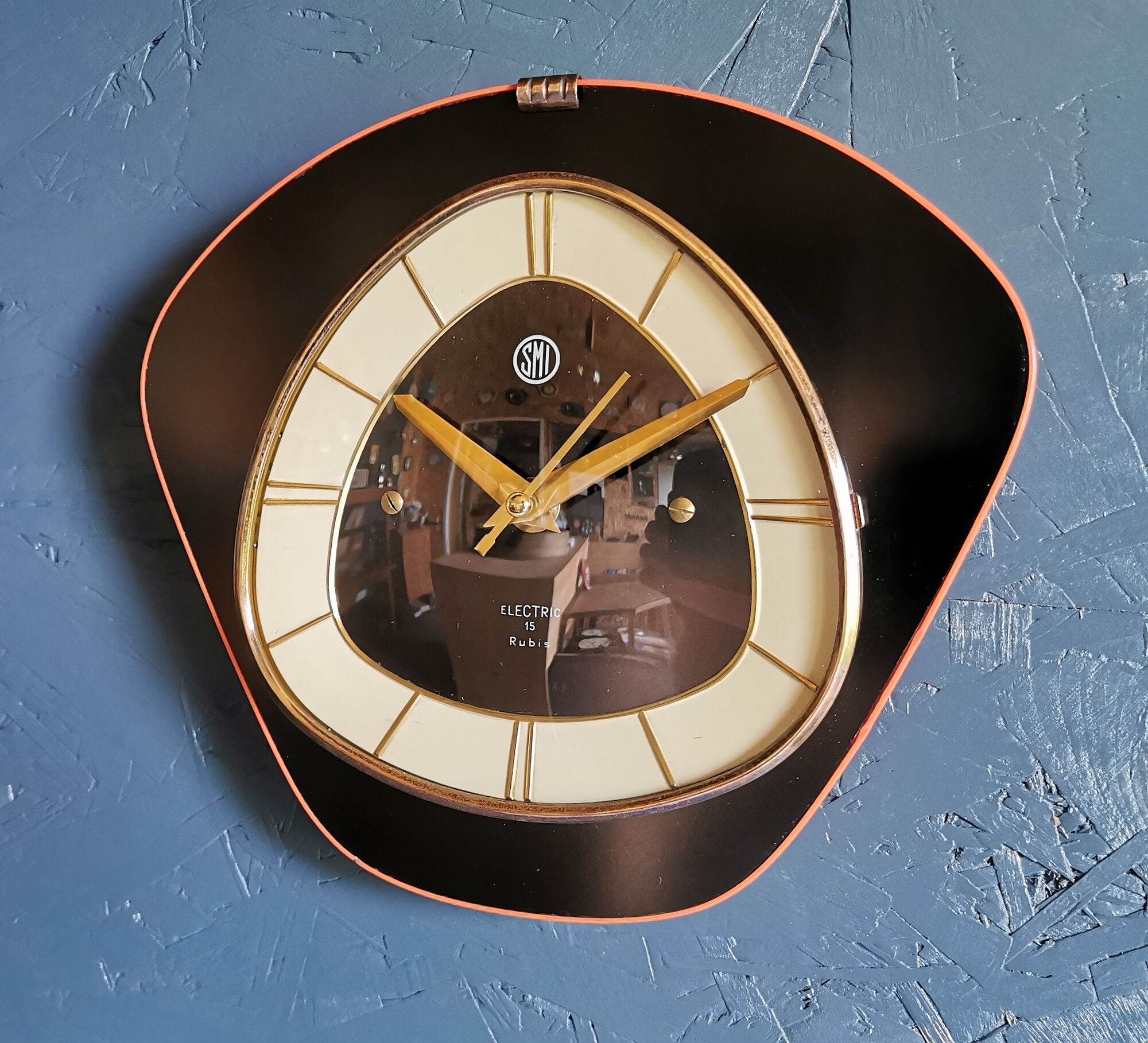 Horloge formica vintage pendule murale silencieuse "SMI noir orange"
