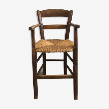 Chaise haute enfant ancienne en bois avec assise paillée