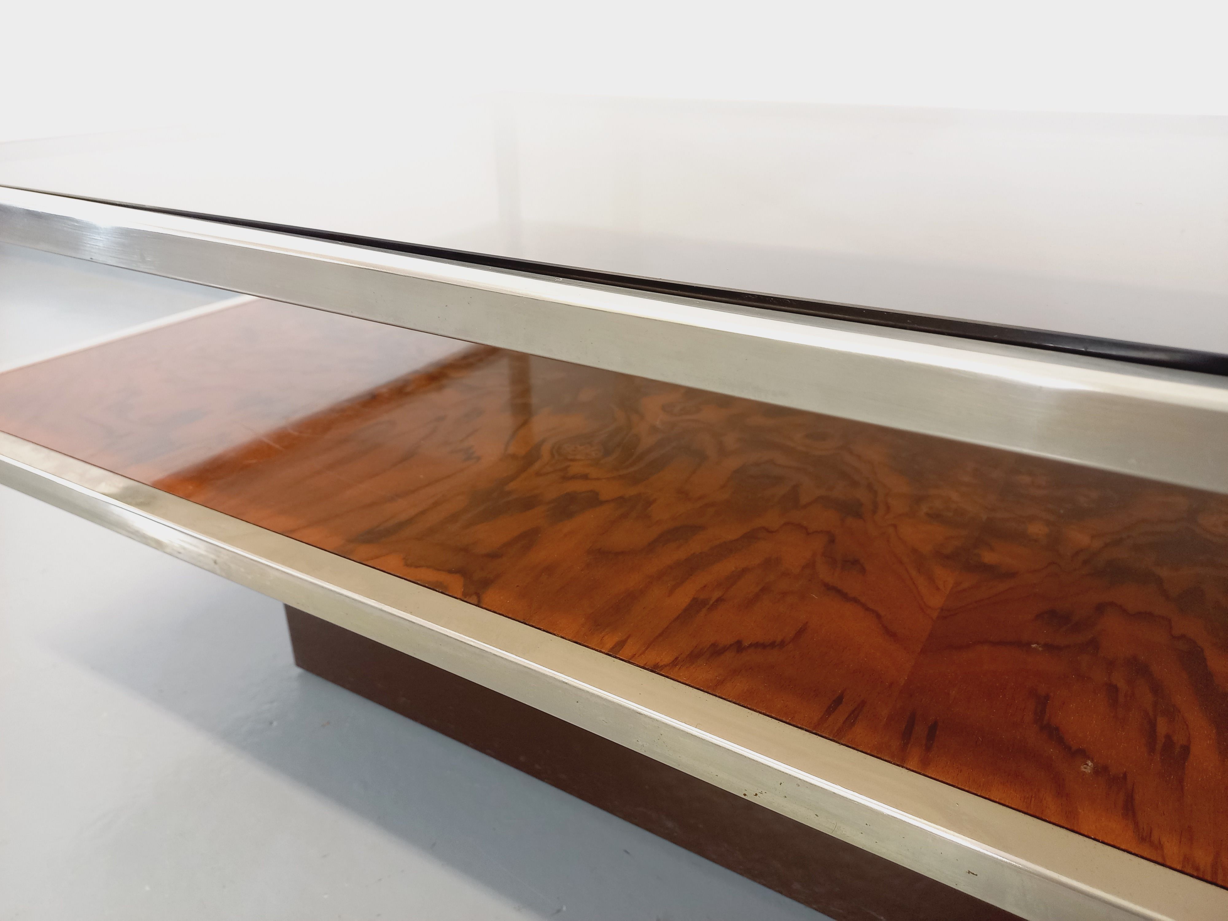 Vintage coffee table in smoked glass, chromed metal and magnifying glass from the 70s