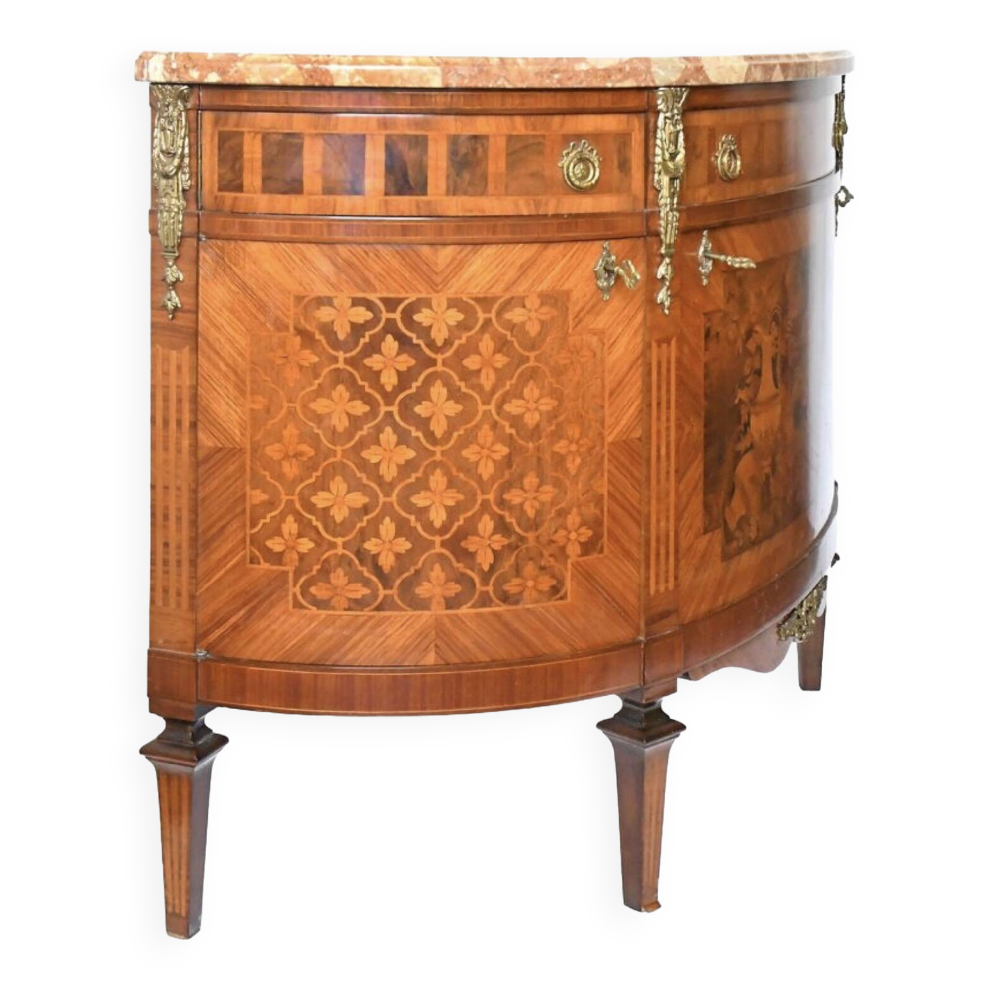 Louis XVI style half-moon marble marquetry sideboard