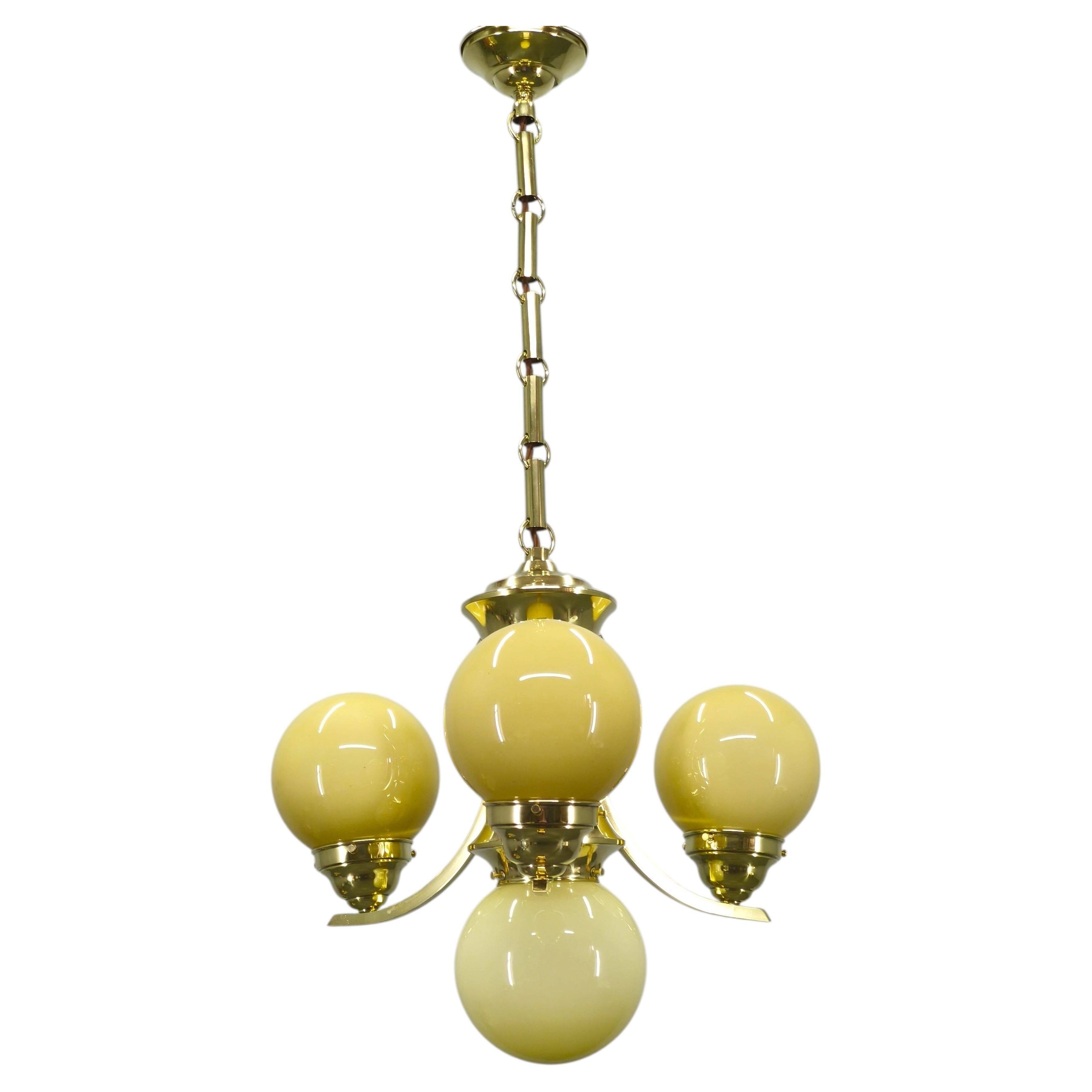 Art Deco Brass and Opaline Glass Chandelier, 1930s