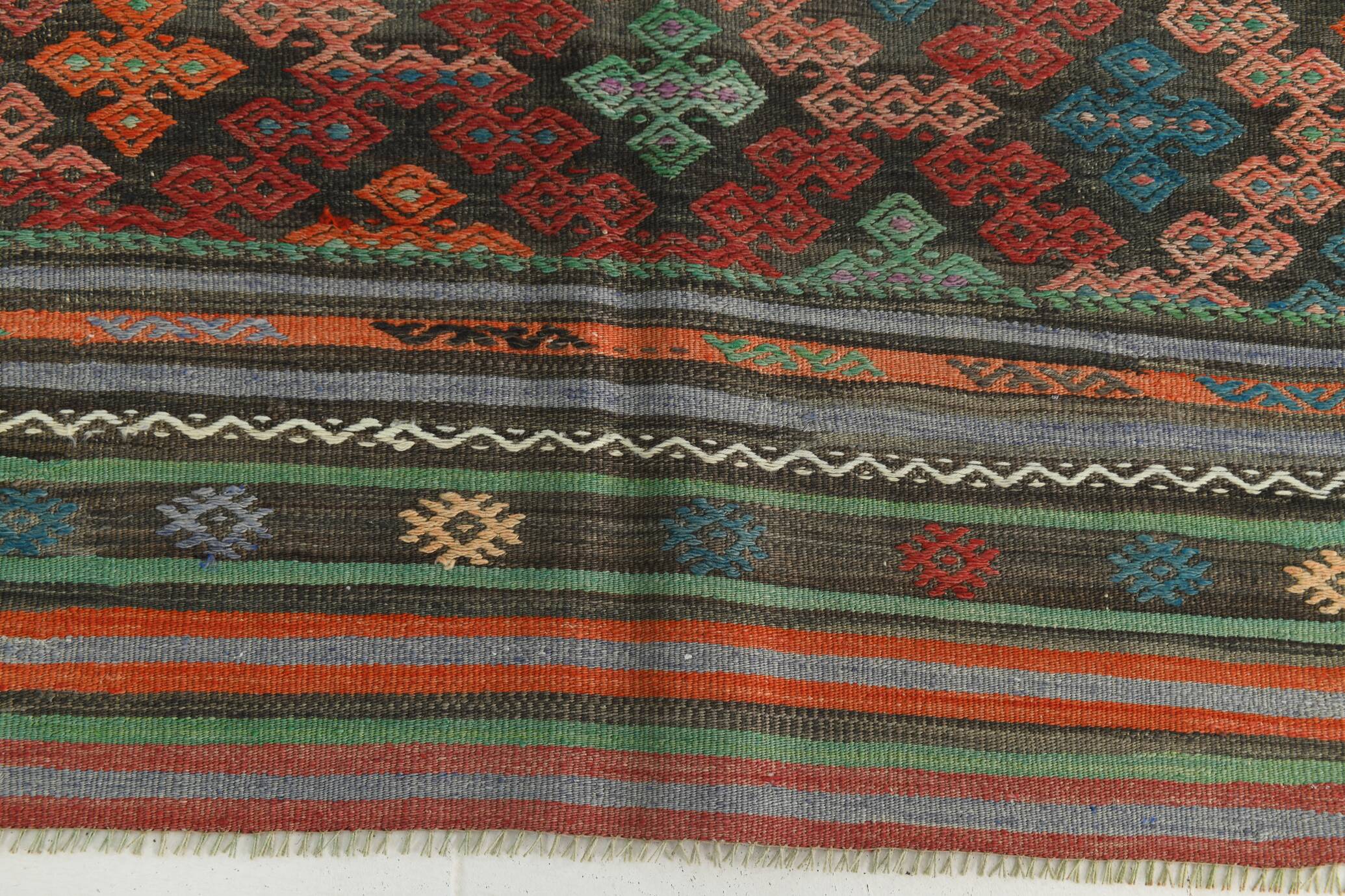 6x9 Blue & Green Striped Kilim Rug, 180x271Cm