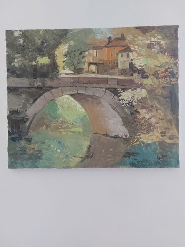Peinture à l'huile sur toile représentant une scène de village provençal