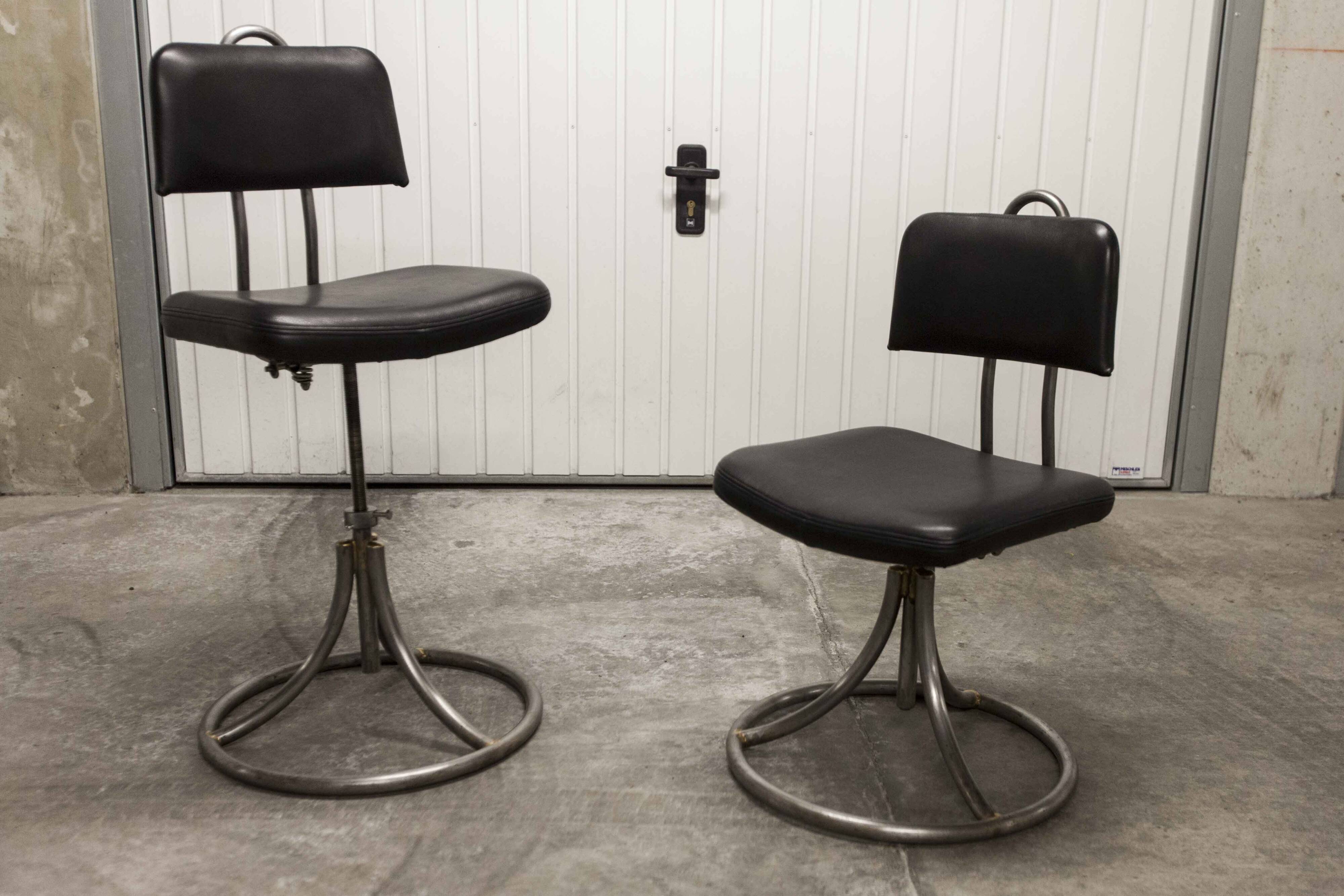 Pair of French Army telegraph operator's swivel chairs, new leather