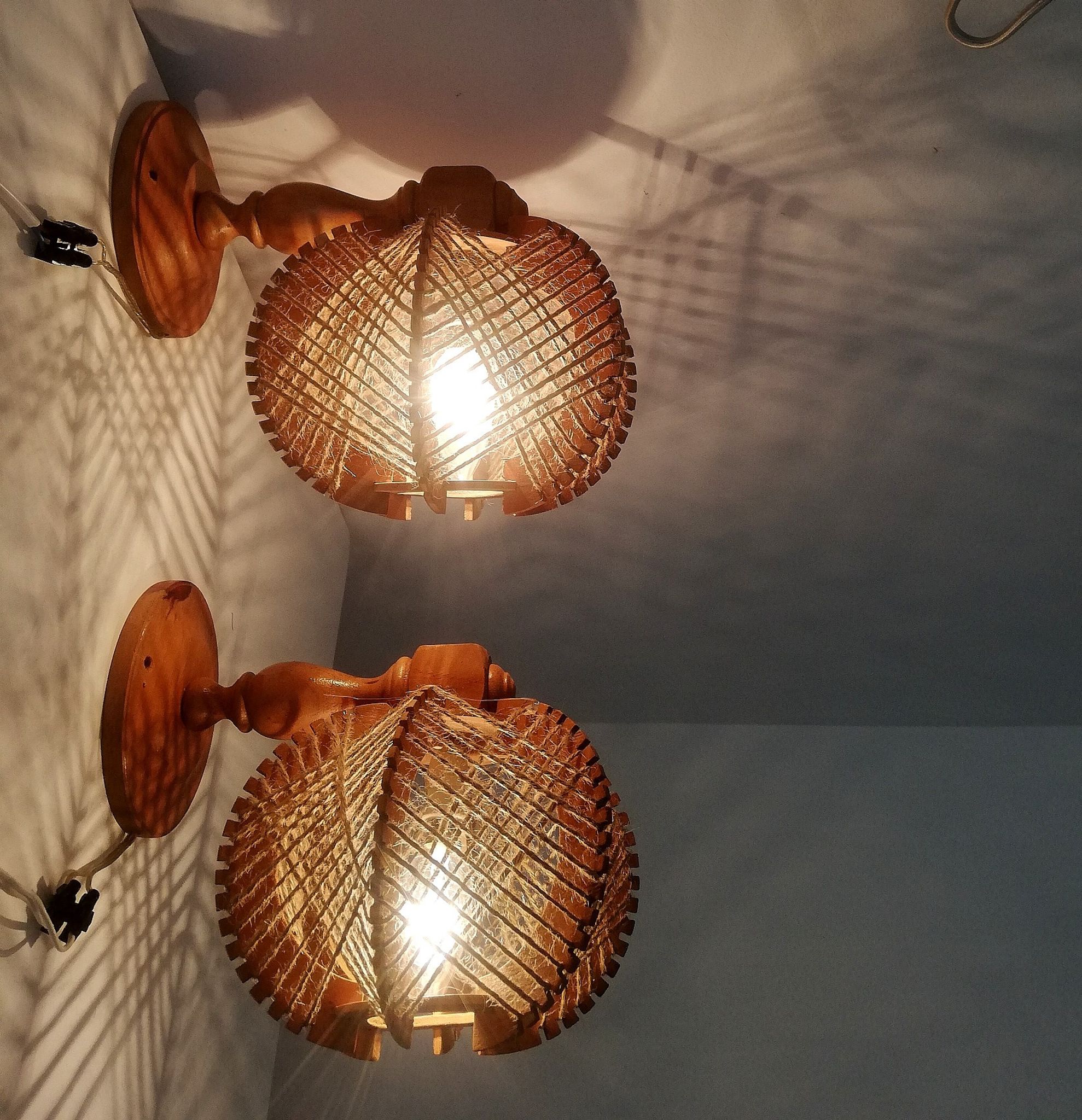 Pair of wooden wood straw wall sconce lamps rustic vintage France