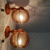 Pair of wooden wood straw wall sconce lamps rustic vintage France