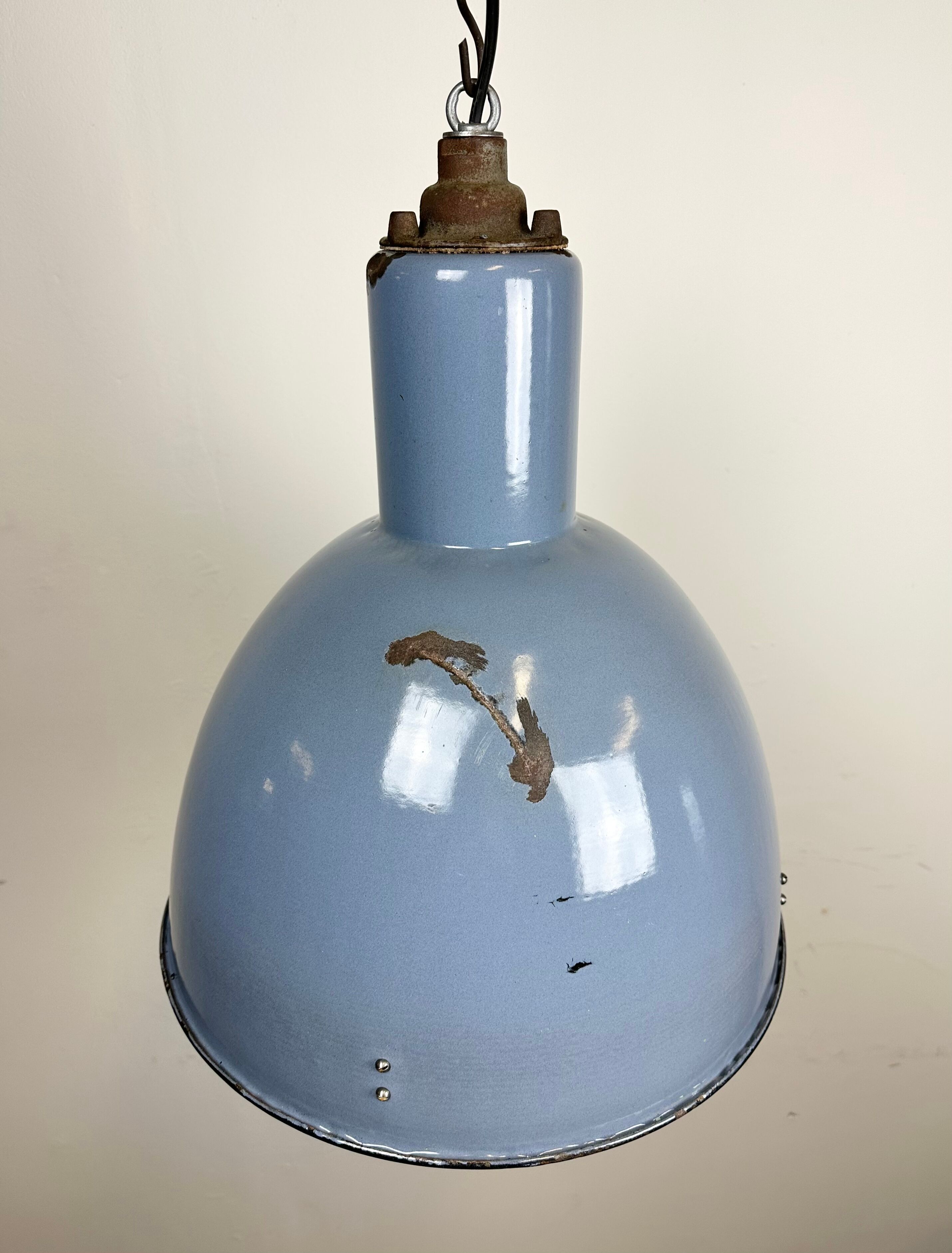 Bauhaus blue enamel industrial pendant lamp, 1950s