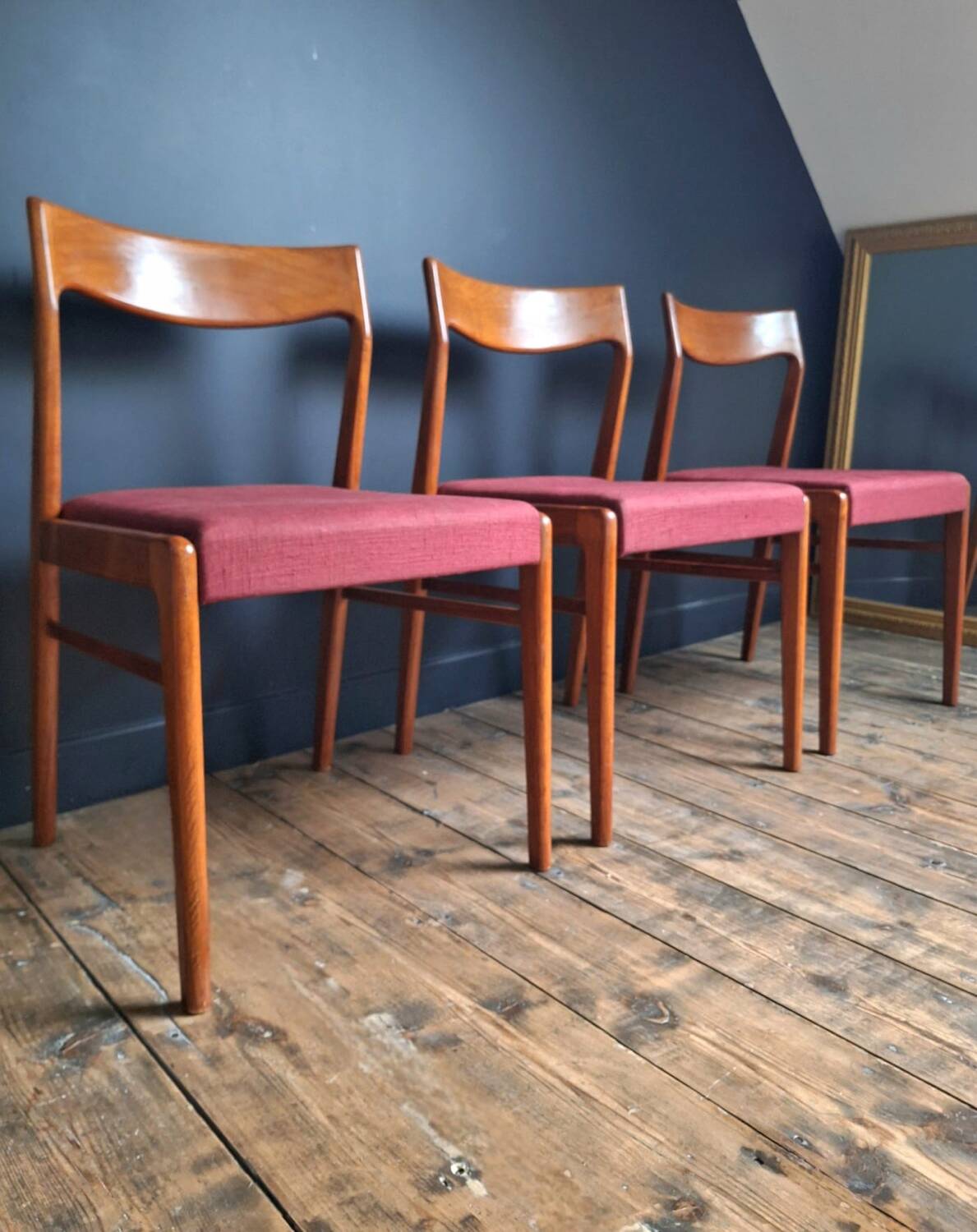 Trio of vintage teak chairs, antique seating furniture