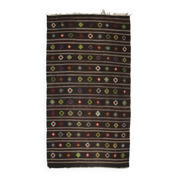 Turkish Kilim Yuruk Vintage 190x350 cm Geometric Patterns Black Multicoloured