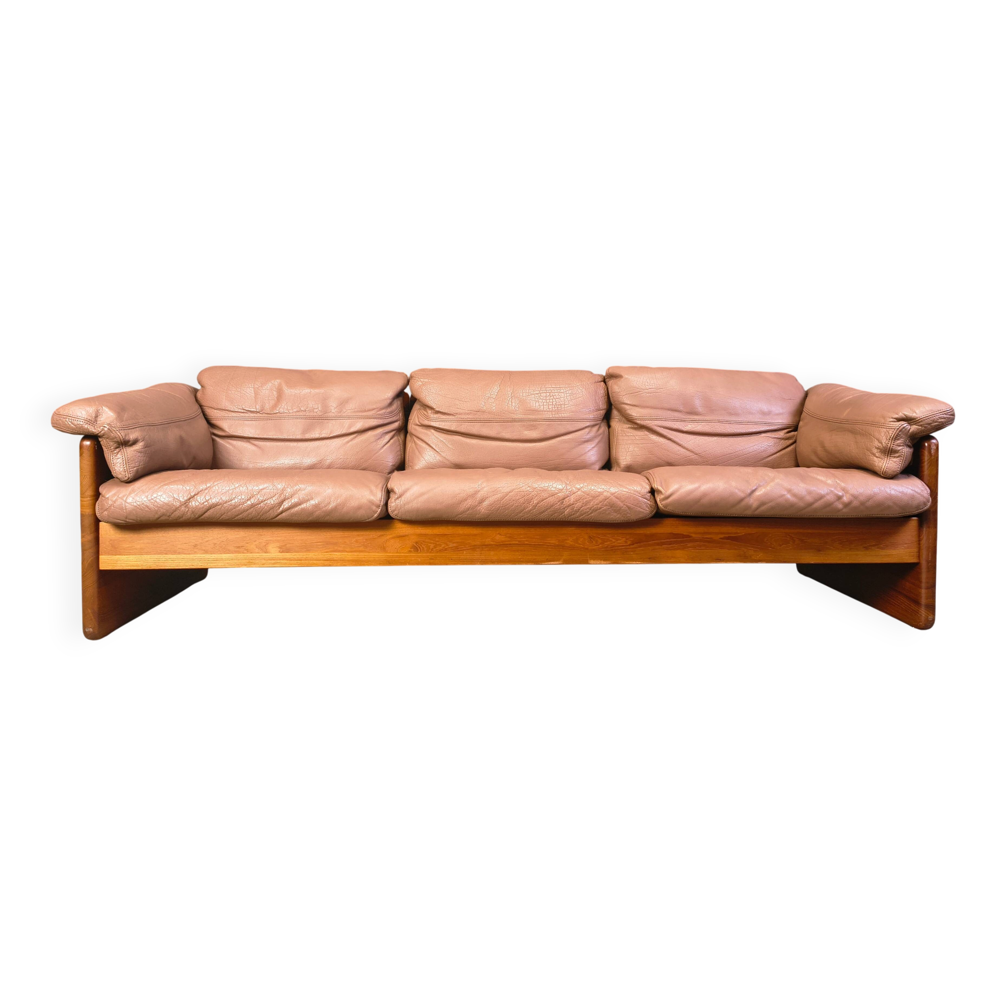 Canapé 3 places en cuir danois et teck par Mikael Laursen, années 1970.