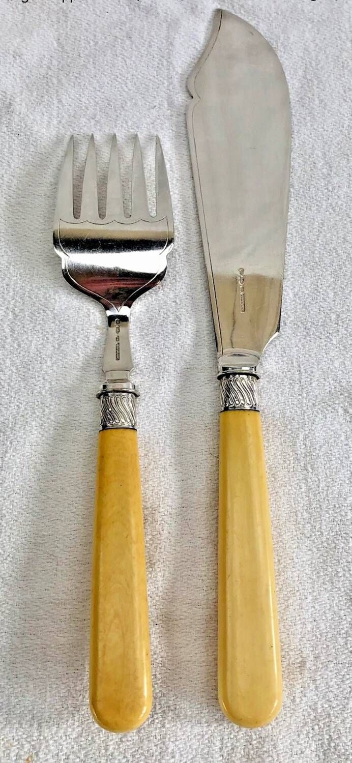 Antique Victorian fish serving cutlery, bone and silver-plated metal