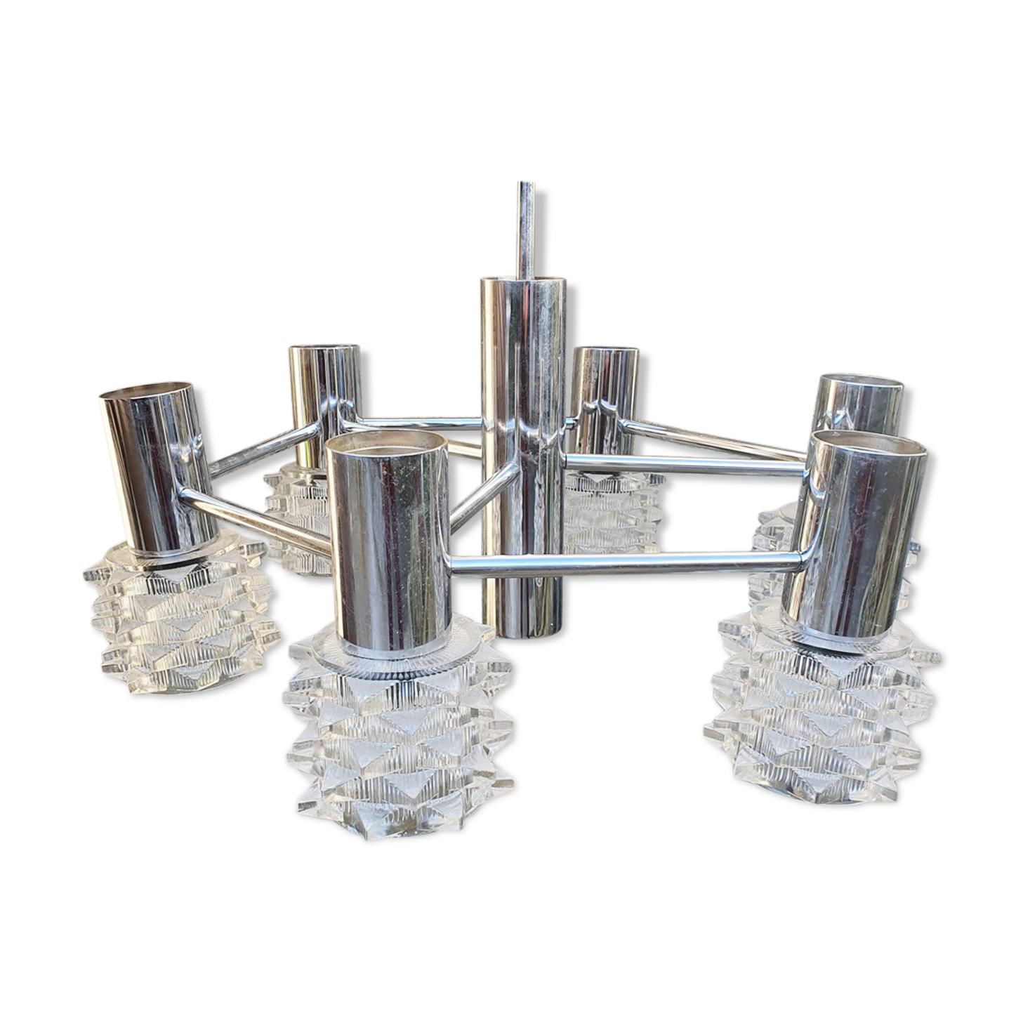 vintage chrome suspension and 6-light glass, vintage, 70s