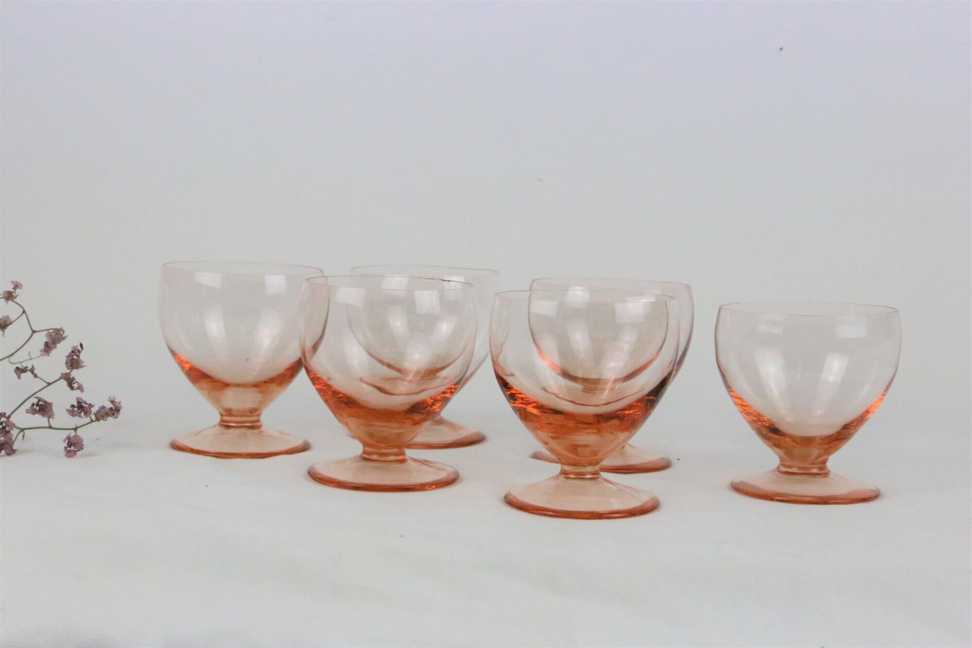Set of 6 walking glasses in pink crystal, vintage, 1950, mid century