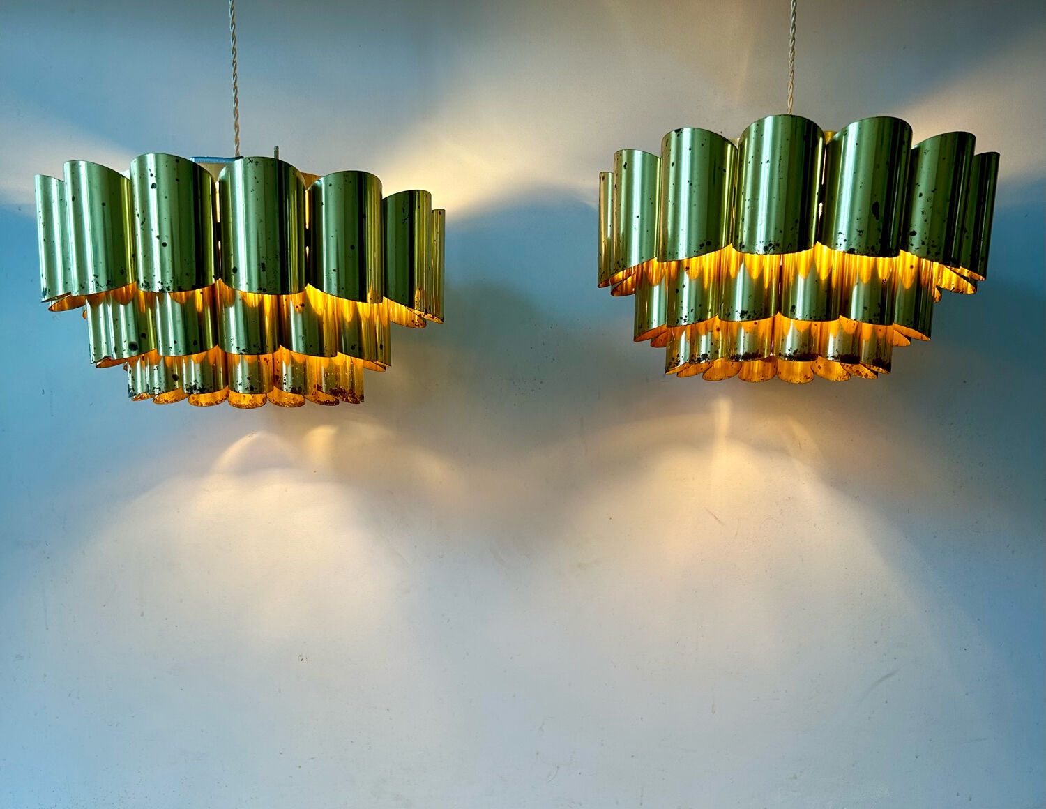 Pair of pendant lamps vintage Thorsten Orrling,solid brass, Suede 1960