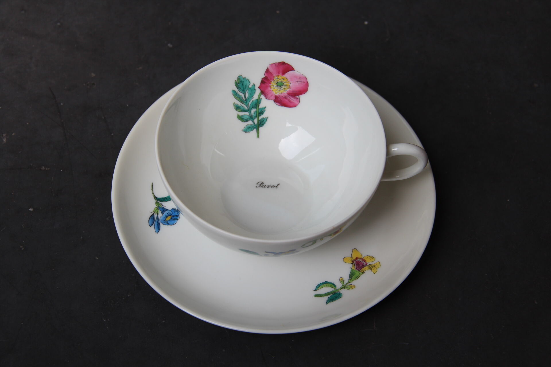 6 CUPS and undercups in NBD Limonges porcelain, hand illuminated, floral patterns