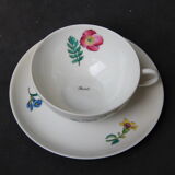 6 CUPS and undercups in NBD Limonges porcelain, hand illuminated, floral patterns