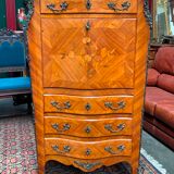 Old French secretary in bronze and wood marquetry.