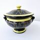 Large Breton Bowl HB Quimper Beaded Black And Yellow Earthenware Lid Handle