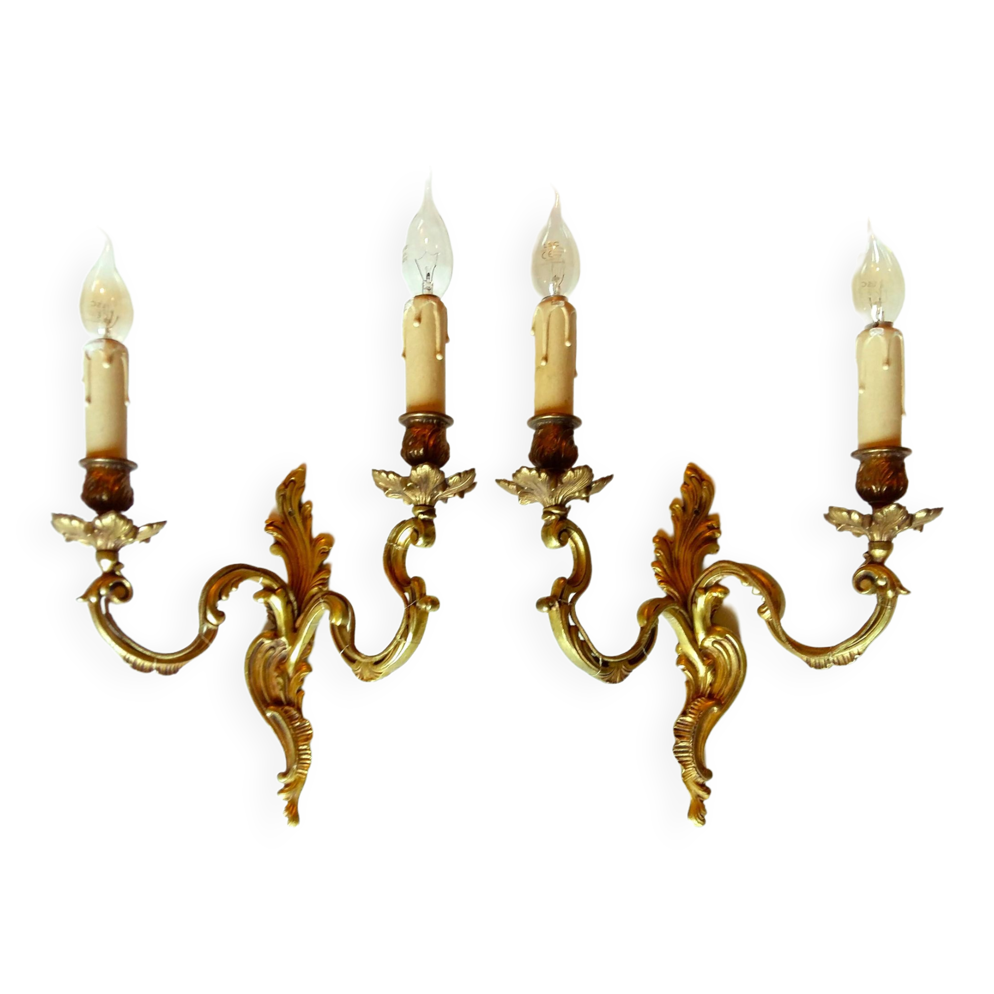 Pair of Heavy, French, Gold Bronze 2 Arm Wall Lights. Ornate Rococo/ Baroque/ Louis XV Style Sconces