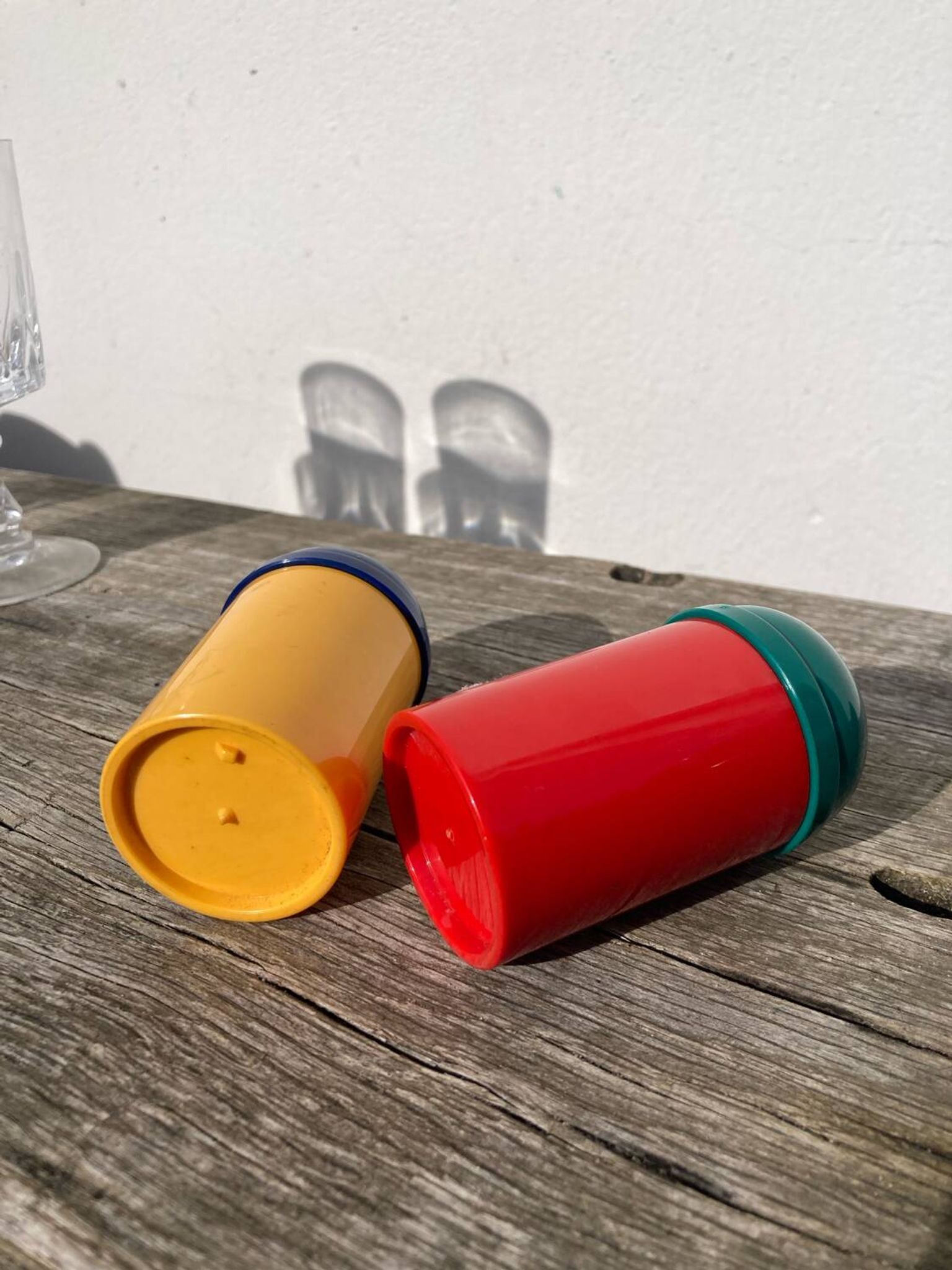 80s multi-colored salt and pepper shakers