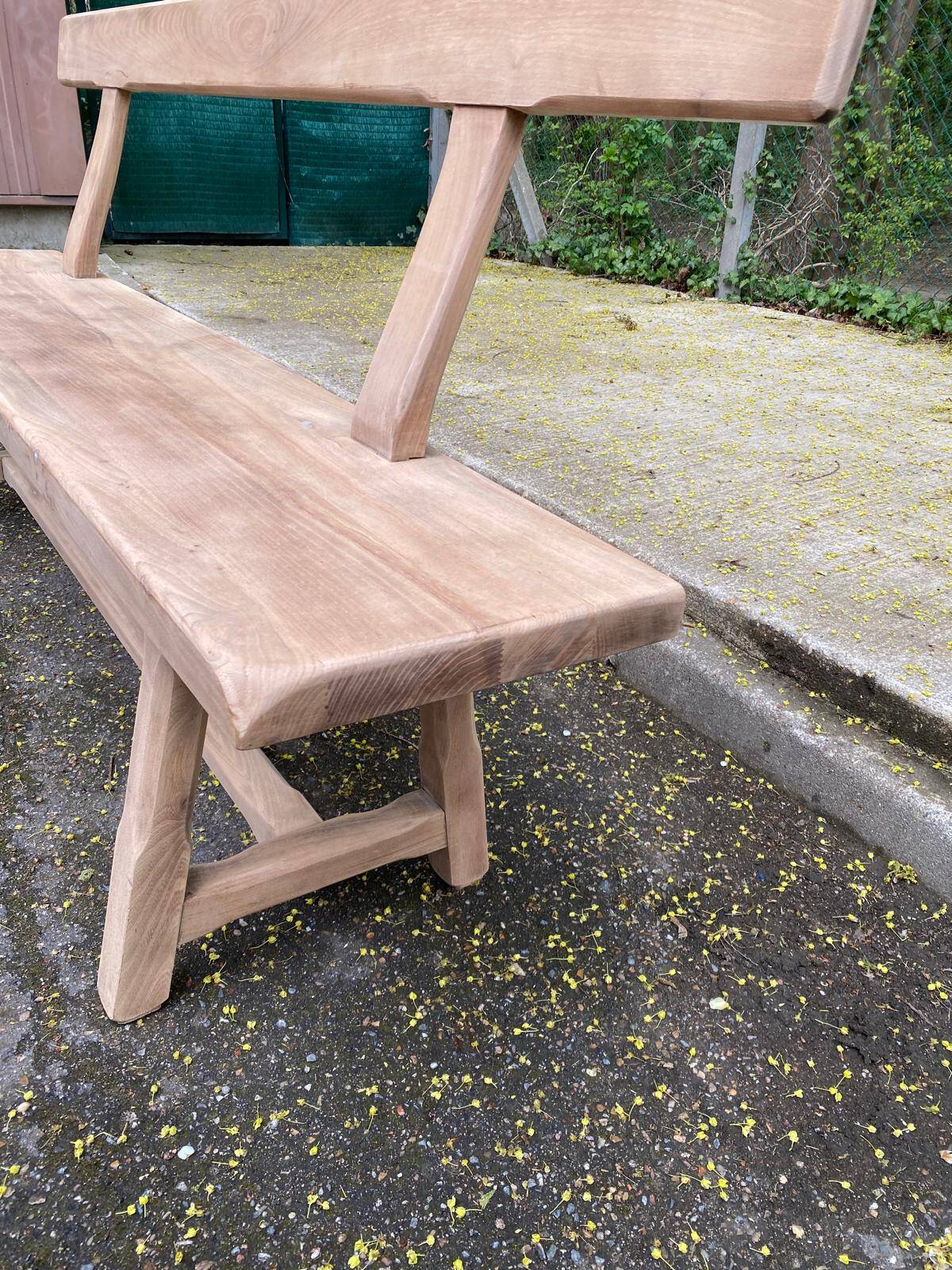 Renovated vintage farmhouse bench with a backrest in solid oak from the 20th century, 180cm.