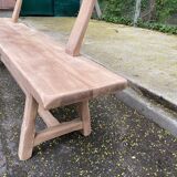 Renovated vintage farmhouse bench with a backrest in solid oak from the 20th century, 180cm.