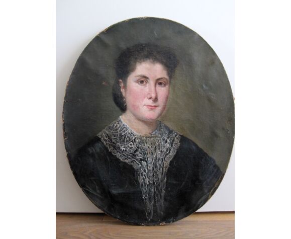 Portrait ovale ancien de femme, peinture sur toile du 19éme siécle