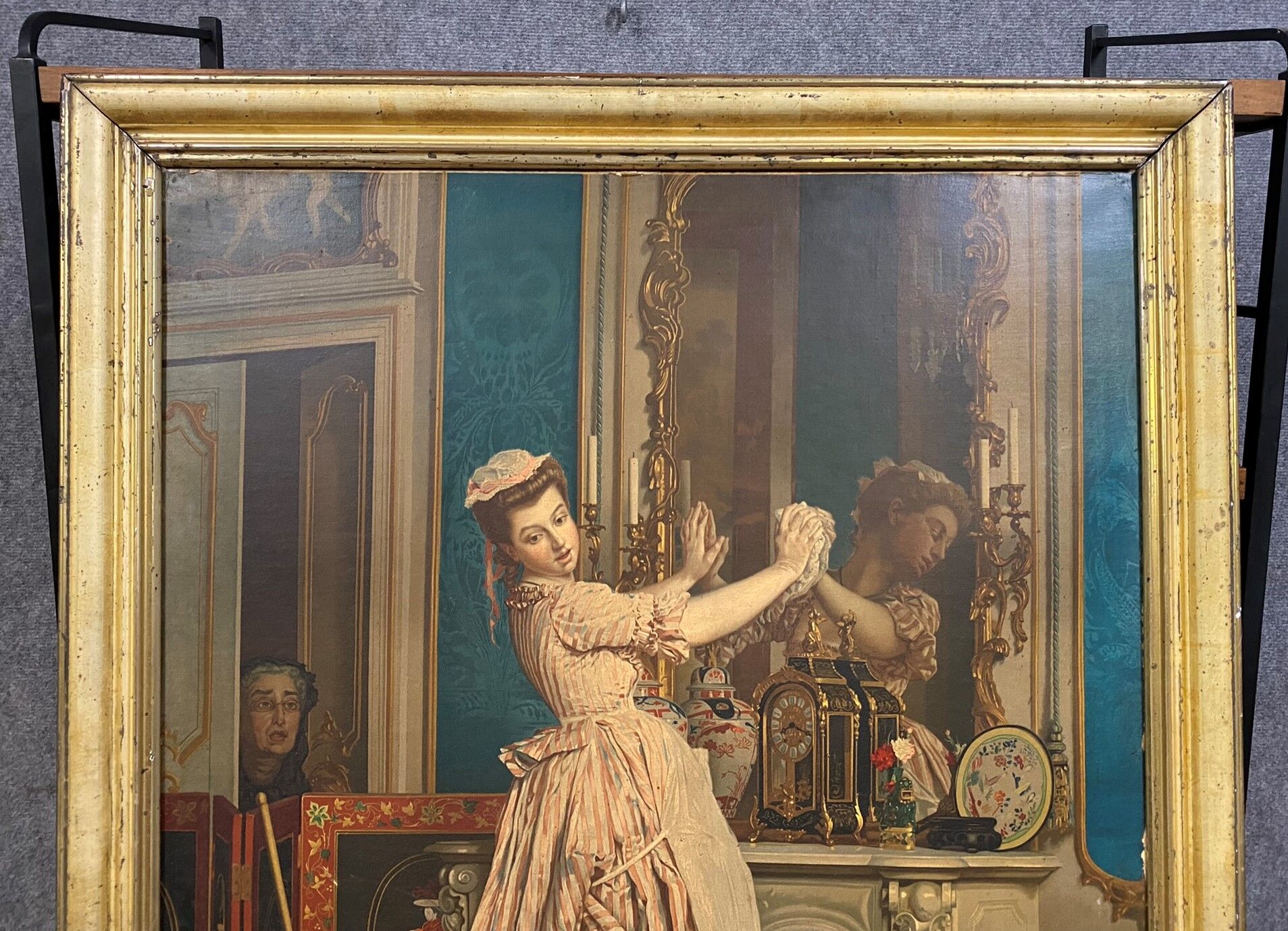 Color chromolithography painting depicting an interior scene circa 1880