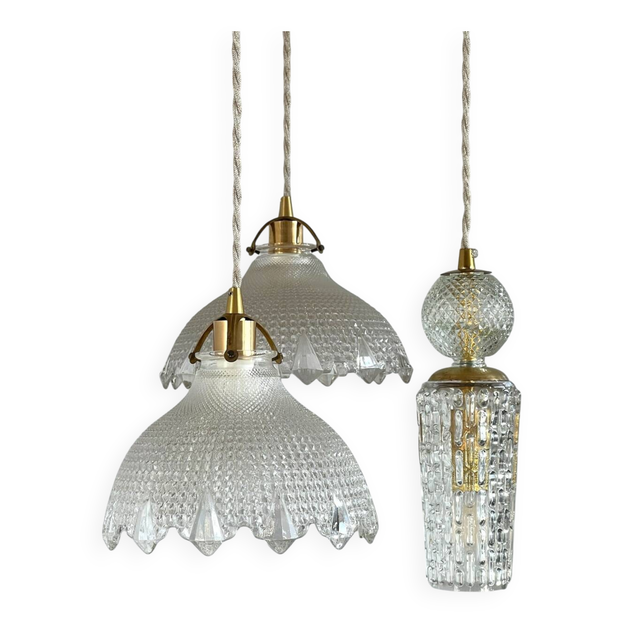Triple pendant light with Holophanes and vintage tulips
