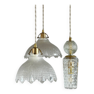 Triple pendant light with Holophanes and vintage tulips