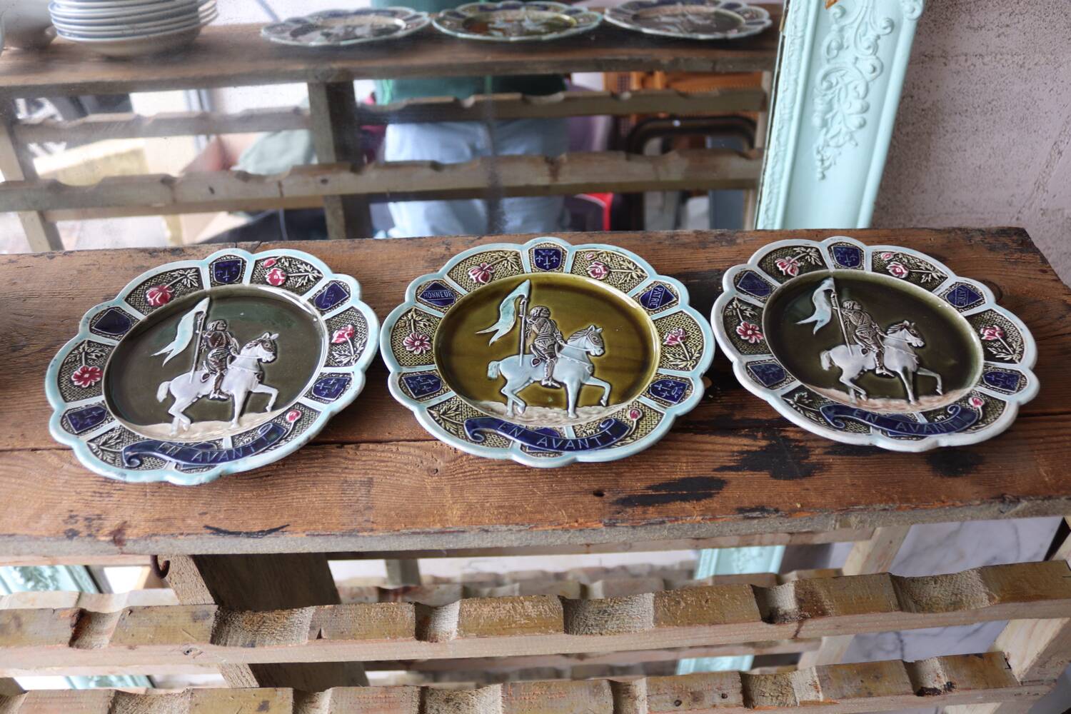 3 antique barbotine plates featuring Joan of Arc "En Avant"