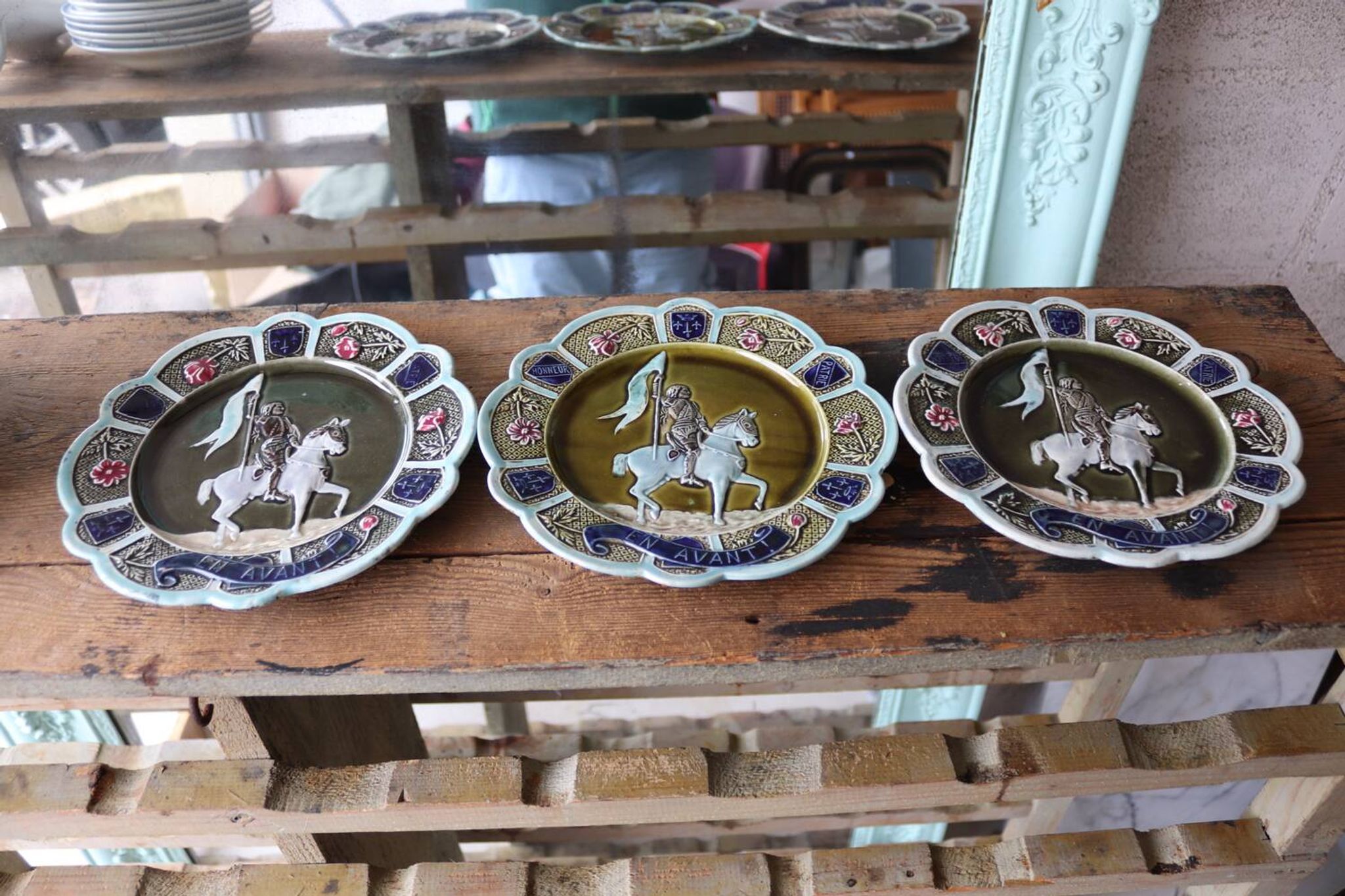 3 antique barbotine plates featuring Joan of Arc "En Avant"