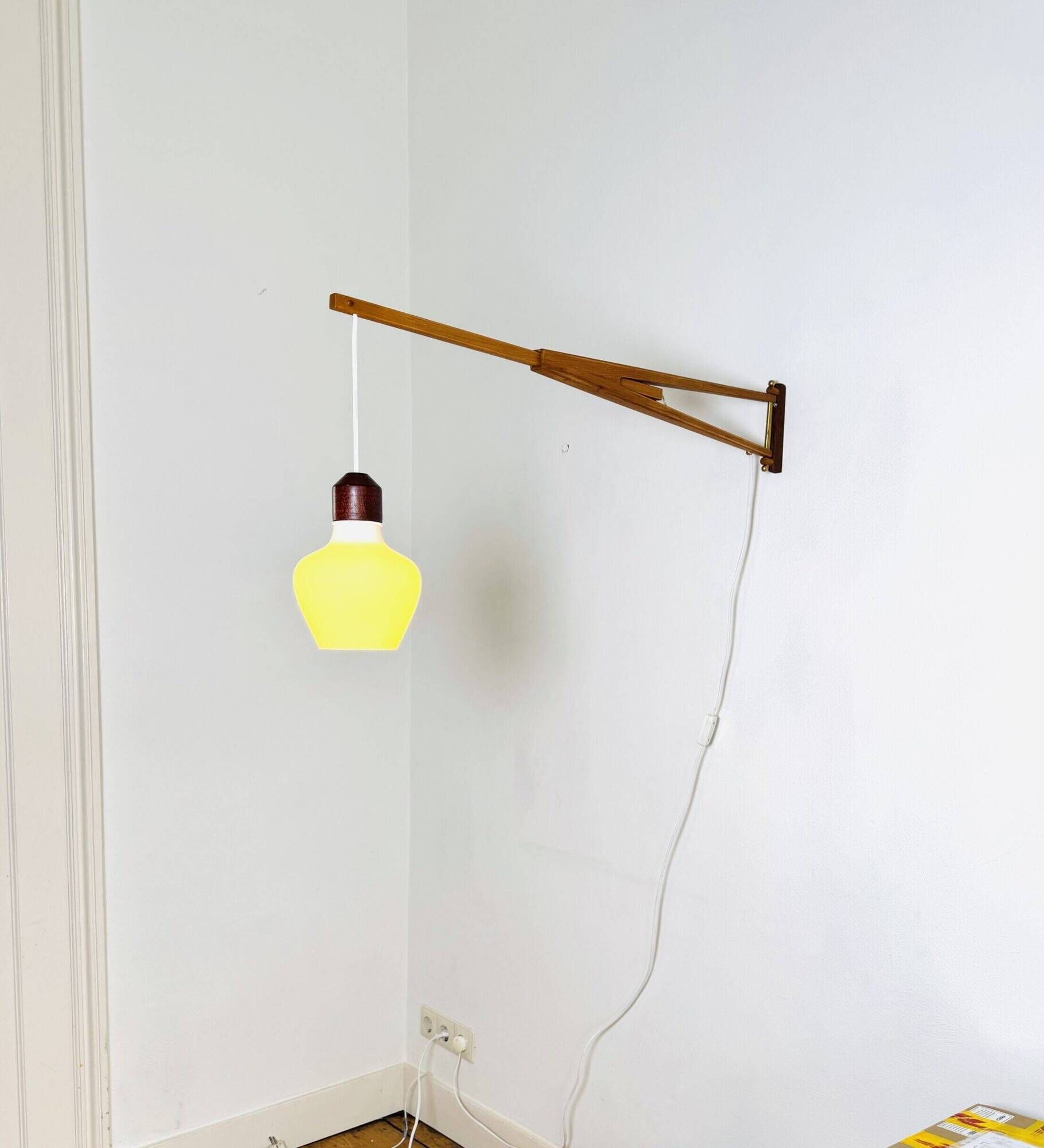 Large Extendable Swivel-Arm Wall Lamp In Wood And Opal Glass, Sweden 1950S