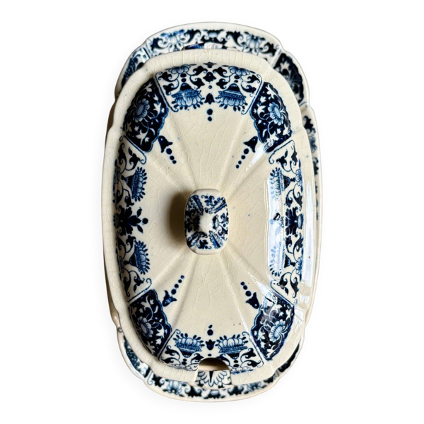 Saucière avec couvercle Gien en terre de fer bleue, service ''Ibis bleu