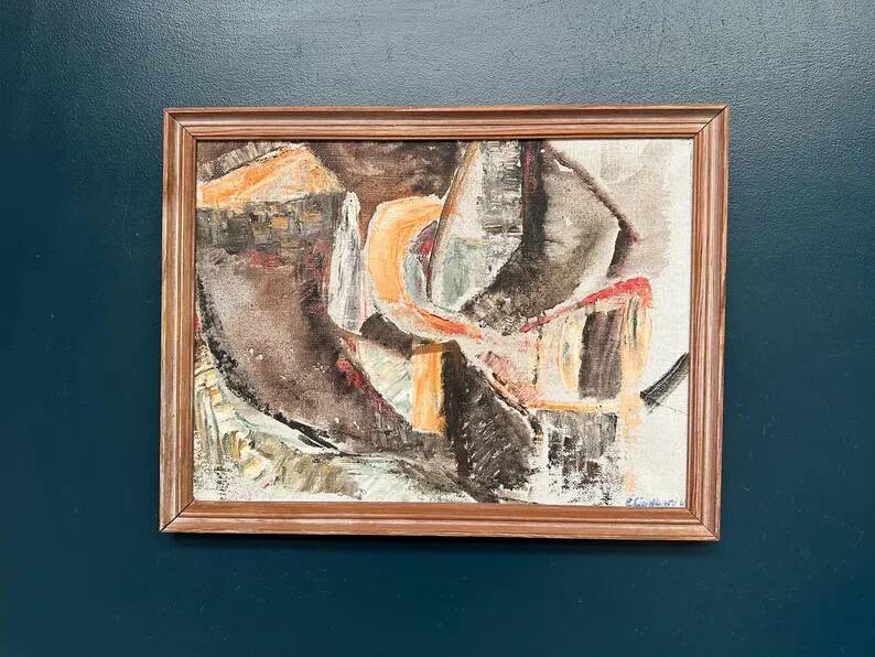 Swedish Original Oil on Canvas – "Abstract Composition" by Eivor Lindberg – 1967 – Signed – Vintage and Framed – 68 × 52 cm (26.8 in × 20.5 in)
