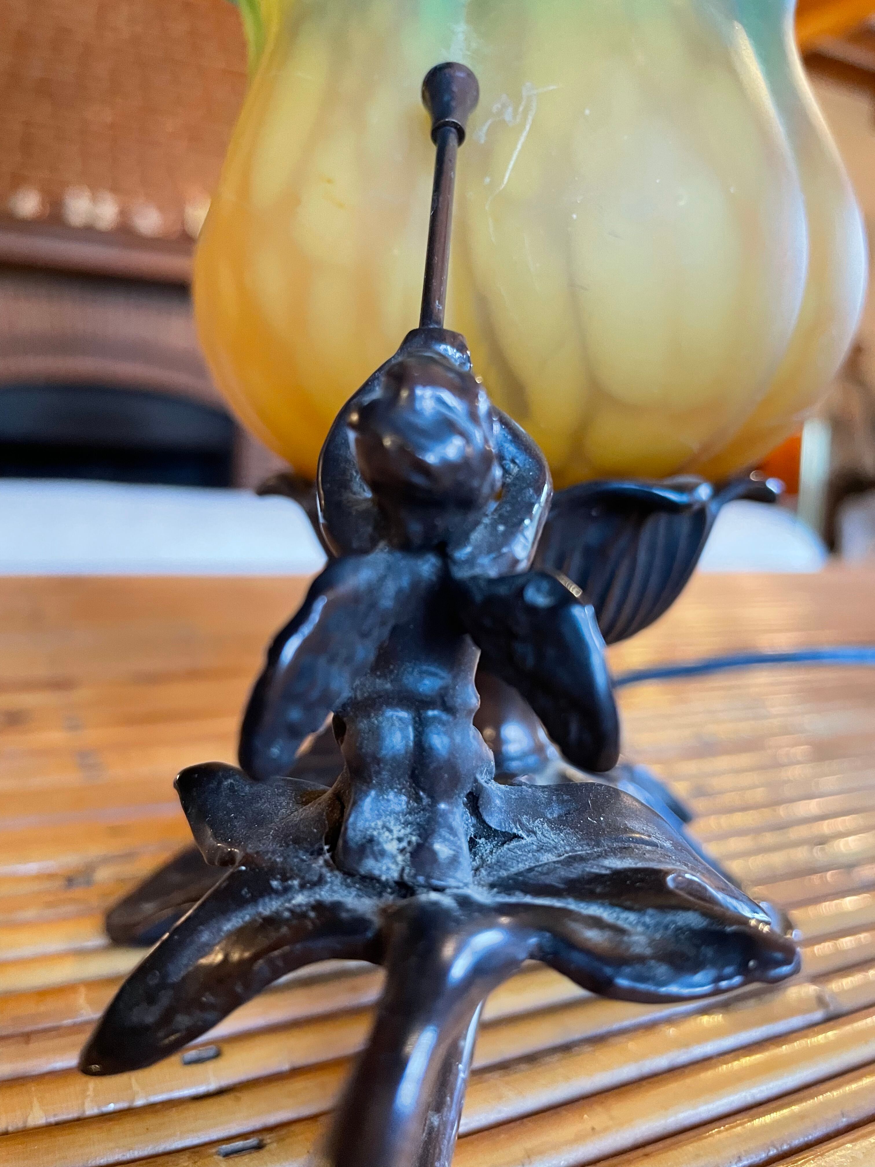 Pair of lamps cherubs bronze vintage glass paste