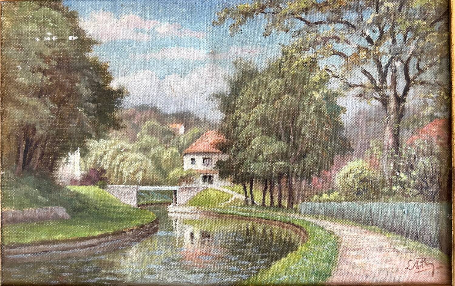 Huile sur Toile « Le pont de Blamont sur l'Ourcq » de Laby . XX.