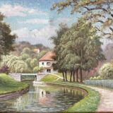 Huile sur Toile « Le pont de Blamont sur l'Ourcq » de Laby . XX.