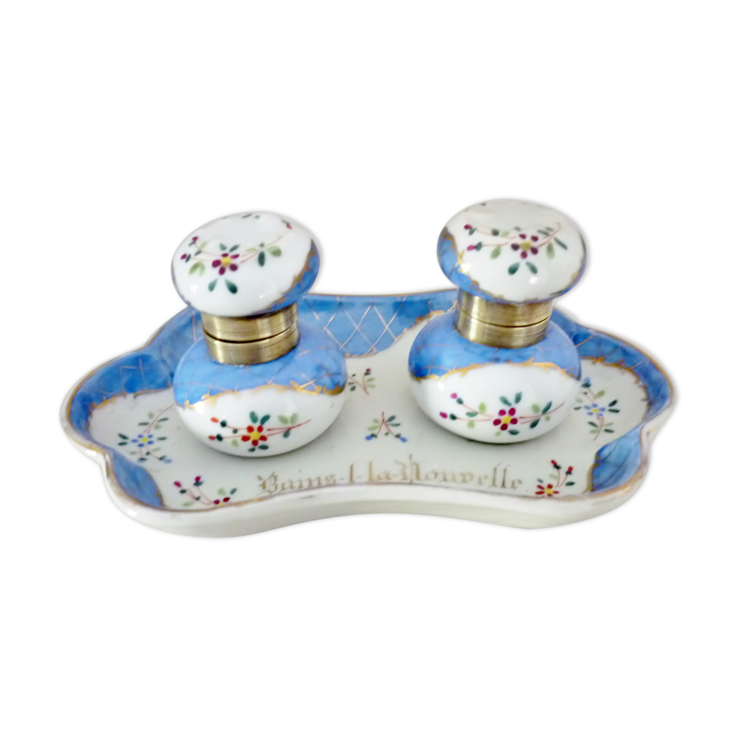 Double antique inkwells in hand-painted porcelain, nineteenth century