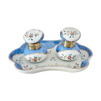 Double antique inkwells in hand-painted porcelain, nineteenth century