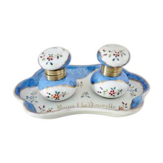 Double encriers ancien en porcelaine peint à la main, XIXème siècle