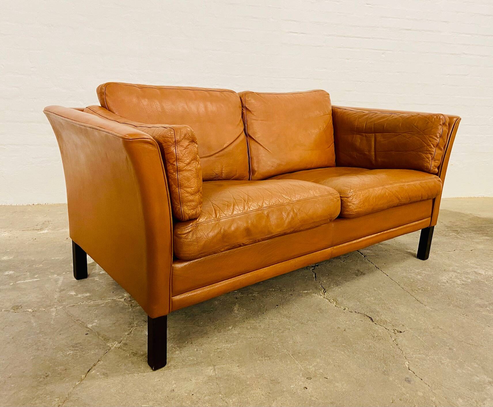 Vintage danish mid century mogens hansen 2 person tan cognac leather sofa