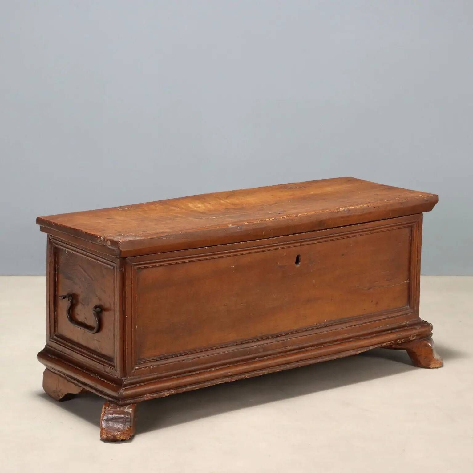 Antique walnut chest with wrought iron handles, Italy, 18th century.
