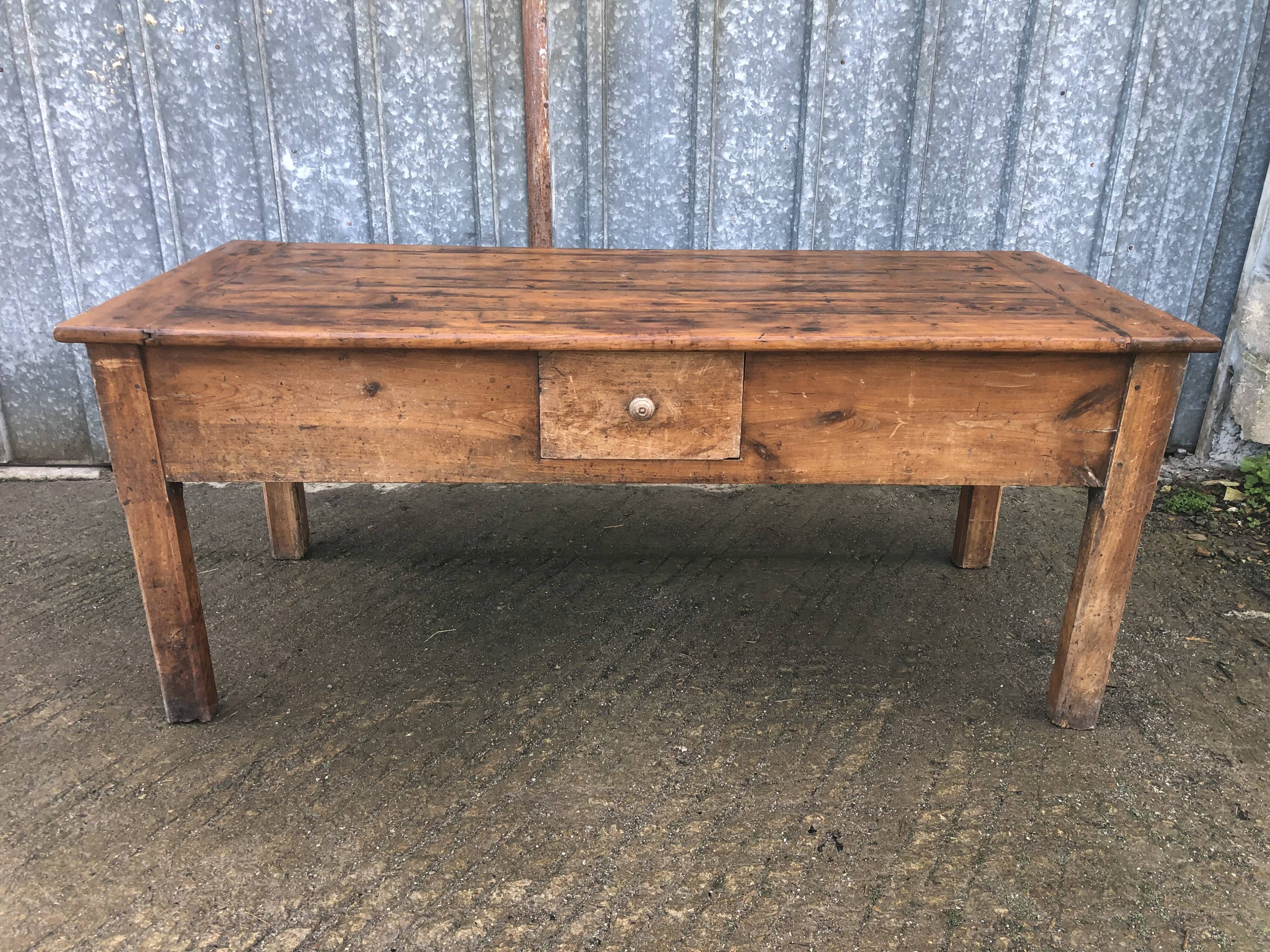 Antique Rustic Solid Cherry Farmhouse Table with 3 Drawers and 1 Pull Out