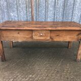 Table de ferme rustique ancienne en cerisier massif à 3 tiroirs et 1 tirette