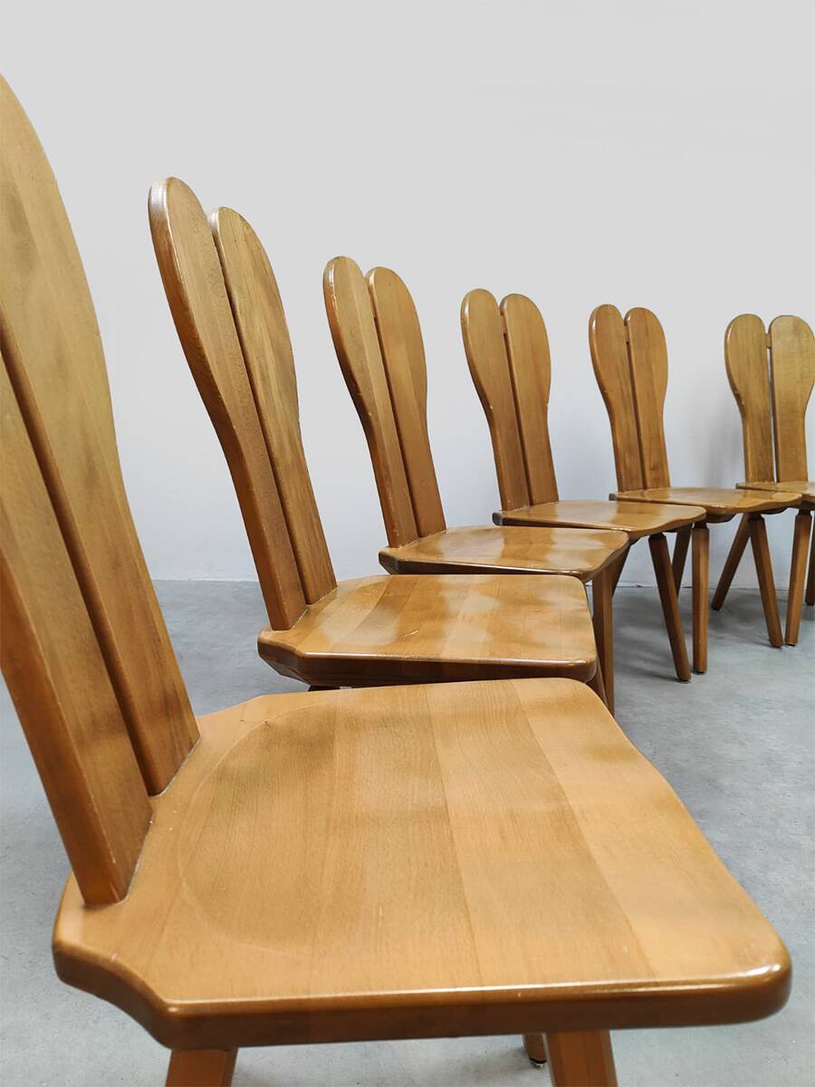 Vintage brutalist wooden dining chairs 1970 'hearts'