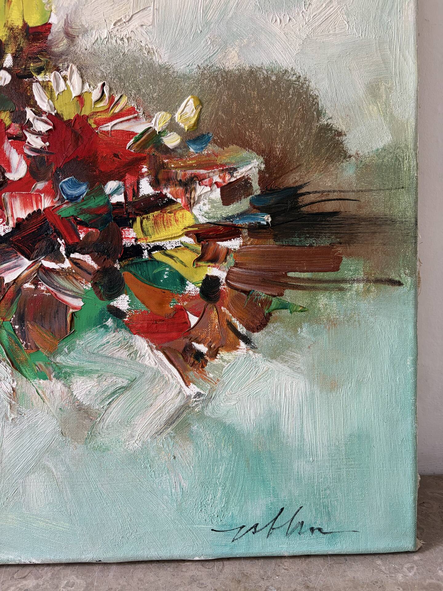Bouquet de fleurs au couteau, signé