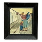 Huile sur panneau "Femme avec enfant et cruche" par Sjösten Vintage et encadrée 47×44cm